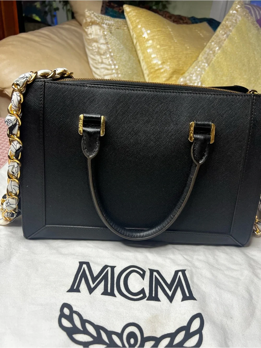 MCM Black Saffiano Leather Satchel Top Handle Crossbody Bag Gold Hardware